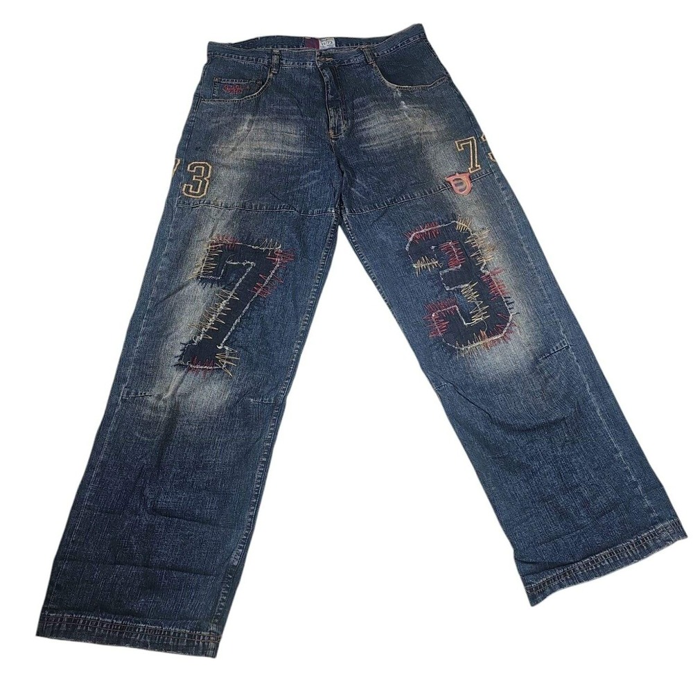 Pepe Jeans Wide Leg Denim‎ Jeans Patched Distressed Blue Mens Size 40 Very Rare